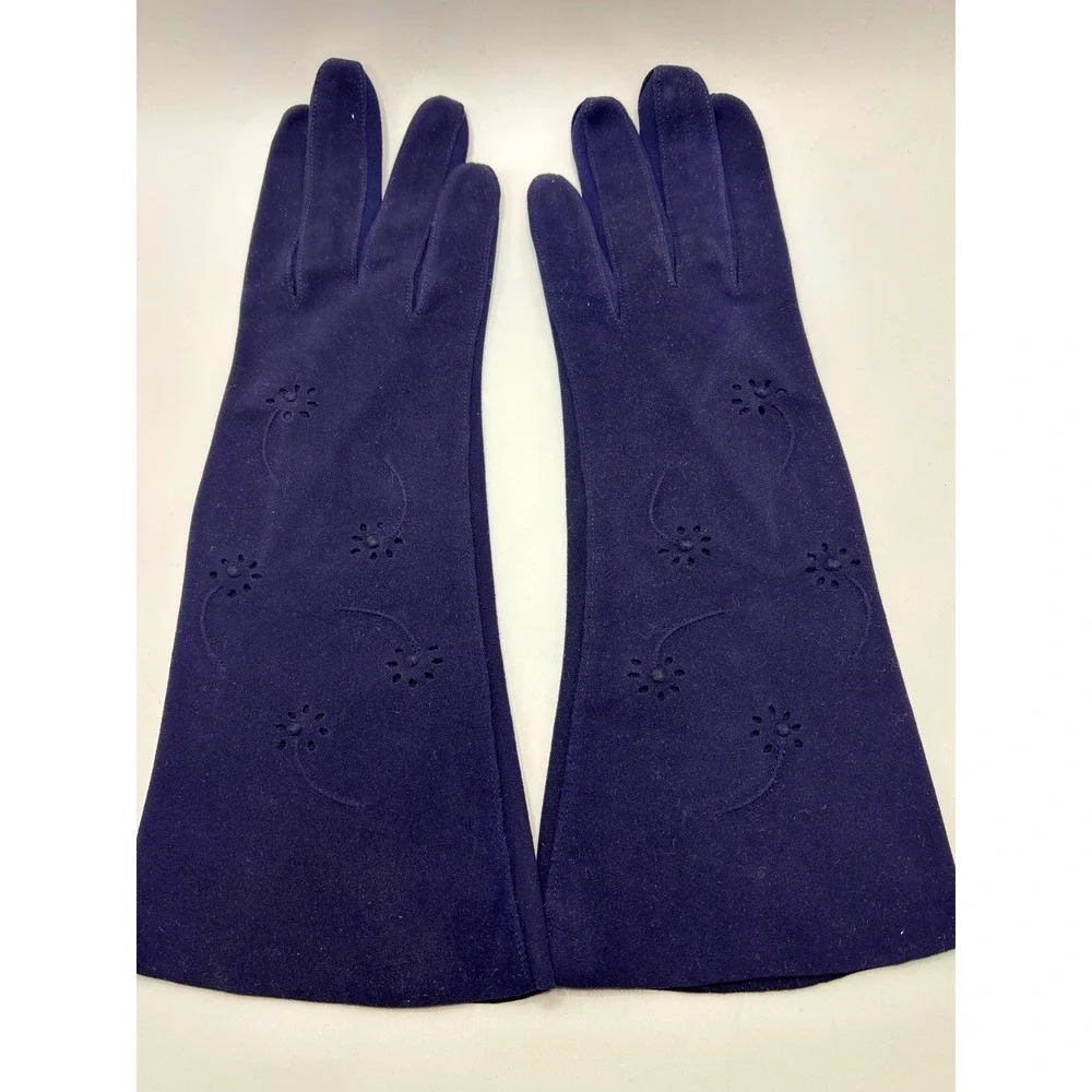 VTG‎ Kislav Lavable Navy Blue Opera Gloves Floral Eyelet Suede Cloth 7.5 France